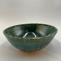 Handmade Green Serving Bowl with Decorative Rim