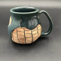 Handmade Ceramic Blue Mug with Carved Bricks - inspired by Diagon Alley