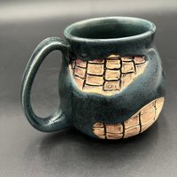 Handmade Ceramic Blue Mug with Carved Bricks - inspired by Diagon Alley