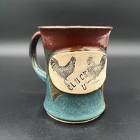Handmade Ceramic Chicken Inspired Earthy Blue and Red Mug - “Cluck You”