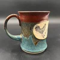 Handmade Ceramic Chicken Inspired Earthy Blue and Red Mug - “Cluck You”