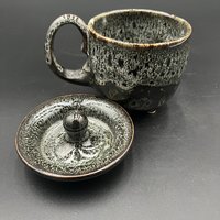 Handmade Ceramic Cauldron Inspired Black and White Mug - top included