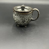 Handmade Ceramic Cauldron Inspired Black and White Mug - top included