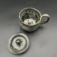 Handmade Ceramic Cauldron Inspired Black and White Mug - top included