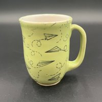 Handmade Green Paper Airplane Ceramic Mug