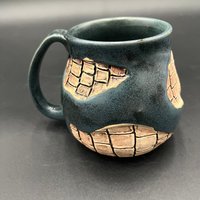 Handmade Ceramic Blue Mug with Carved Bricks - inspired by Diagon Alley