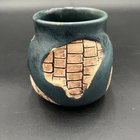 Handmade Ceramic Blue Mug with Carved Bricks - inspired by Diagon Alley