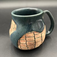Handmade Ceramic Blue Mug with Carved Bricks - inspired by Diagon Alley