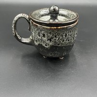 Handmade Ceramic Cauldron Inspired Black and White Mug - top included