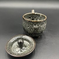 Handmade Ceramic Cauldron Inspired Black and White Mug - top included