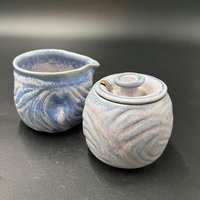 Carved Purple and Blue Cream and Sugar Set