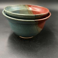 Handmade Earthy Blue-Green and Red Speckled Ceramic Stacking Bowl Set