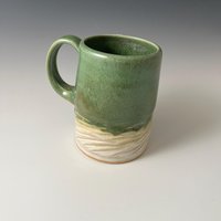 Large Handmade Ceramic Green and White Carved Mug
