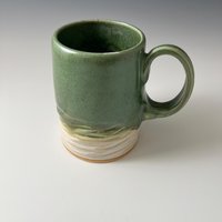 Large Handmade Ceramic Green and White Carved Mug