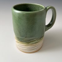 Large Handmade Ceramic Green and White Carved Mug