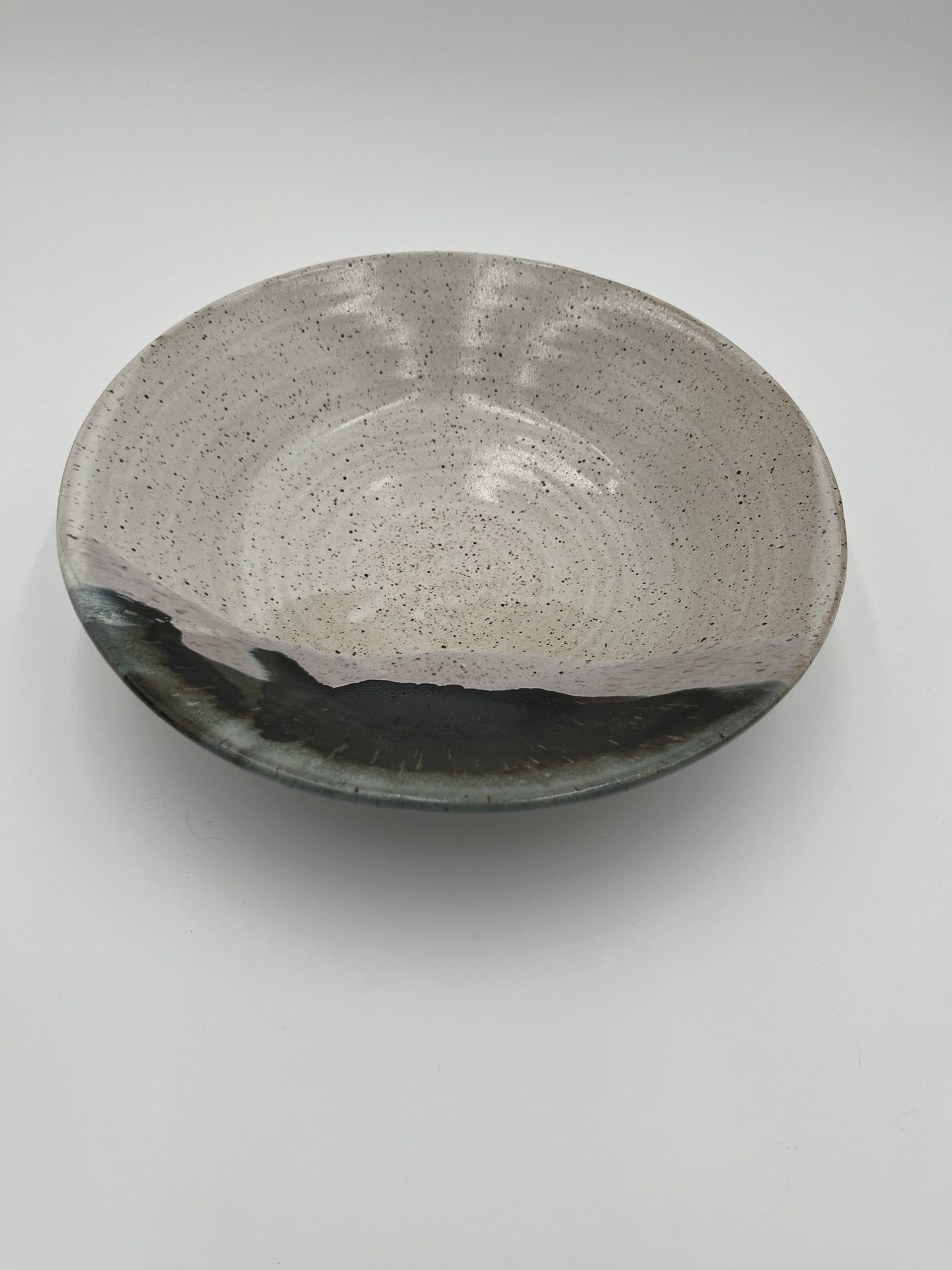 Handmade White Speckled Ceramic Serving Bowl with Black and Grey Accents