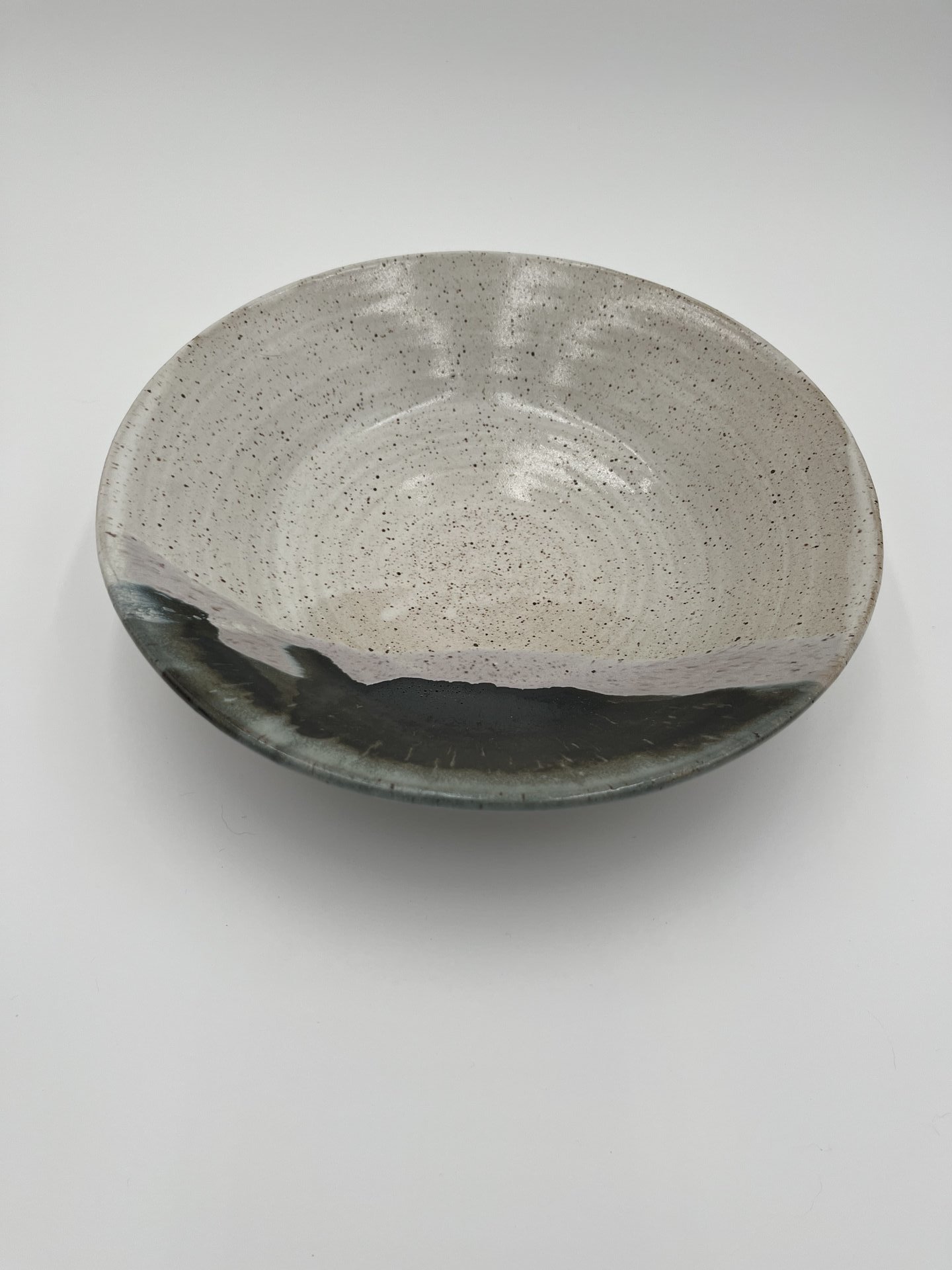 Handmade White Speckled Ceramic Serving Bowl with Black and Grey Accents