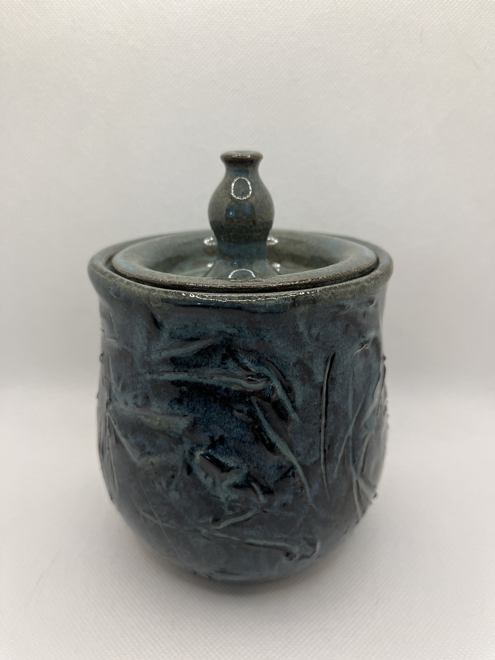 Handmade Blue Carved Ceramic Lidded Jar