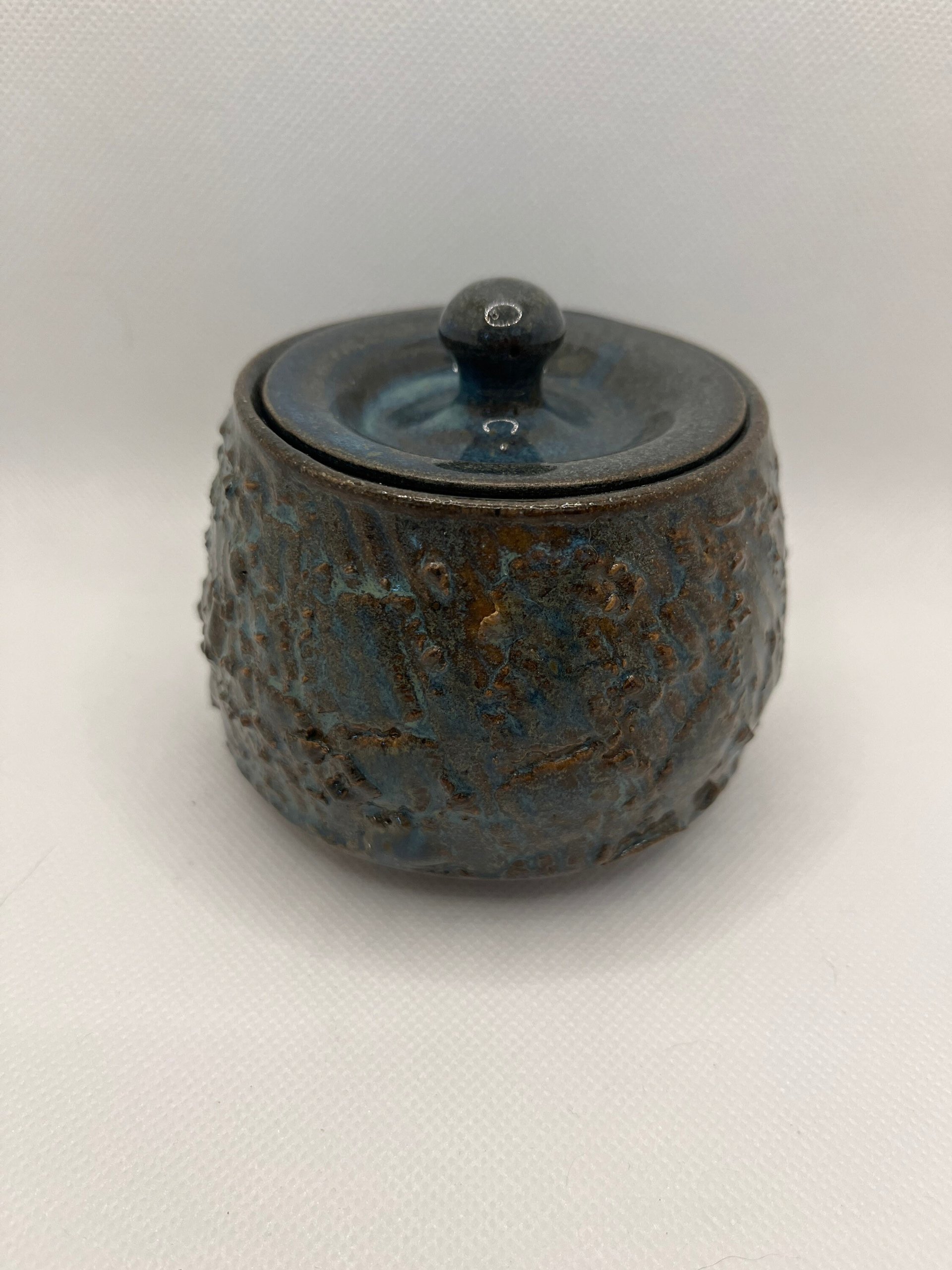 Blue Carved Ceramic Lidded Jar