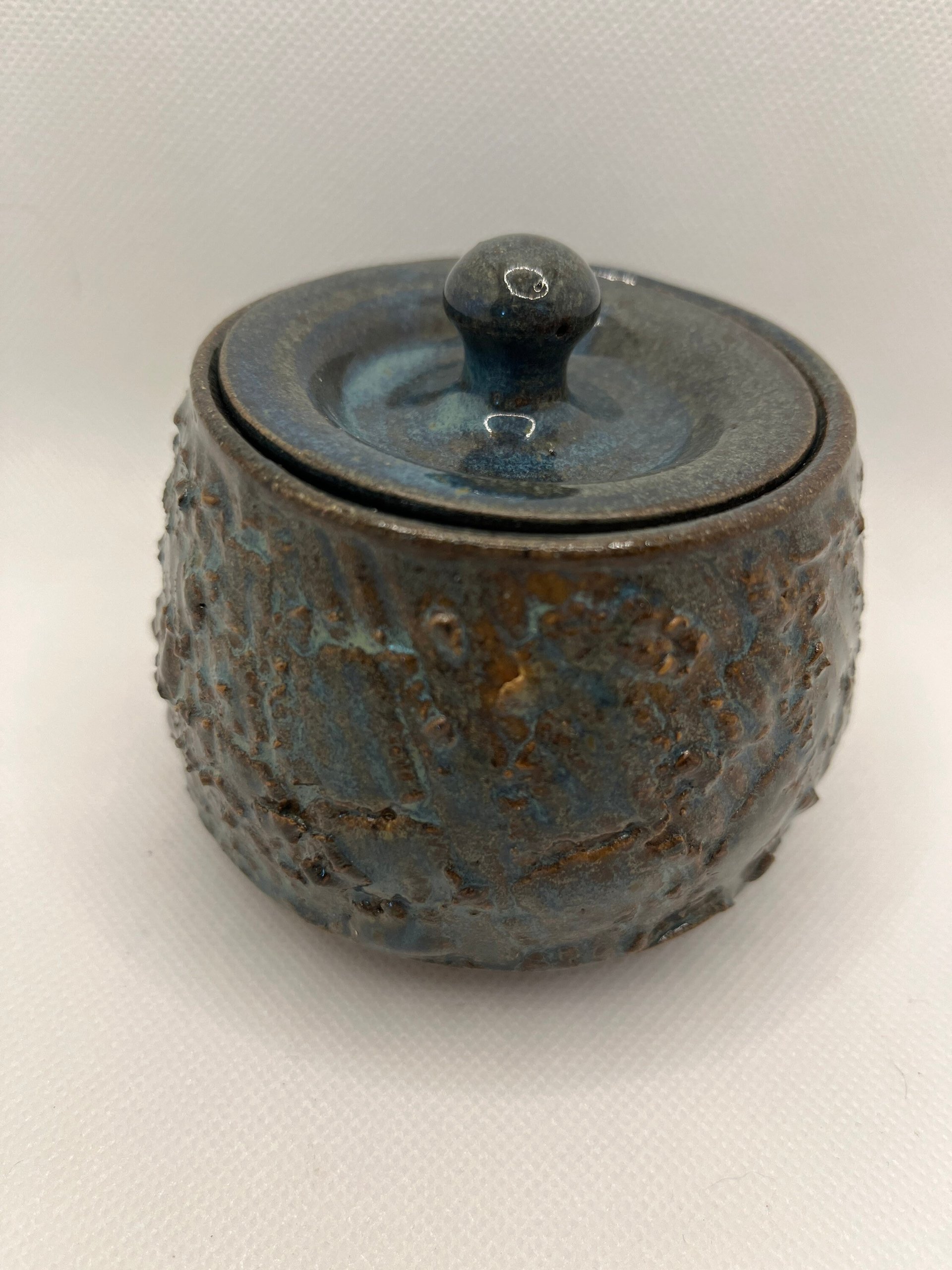 Blue Carved Ceramic Lidded Jar
