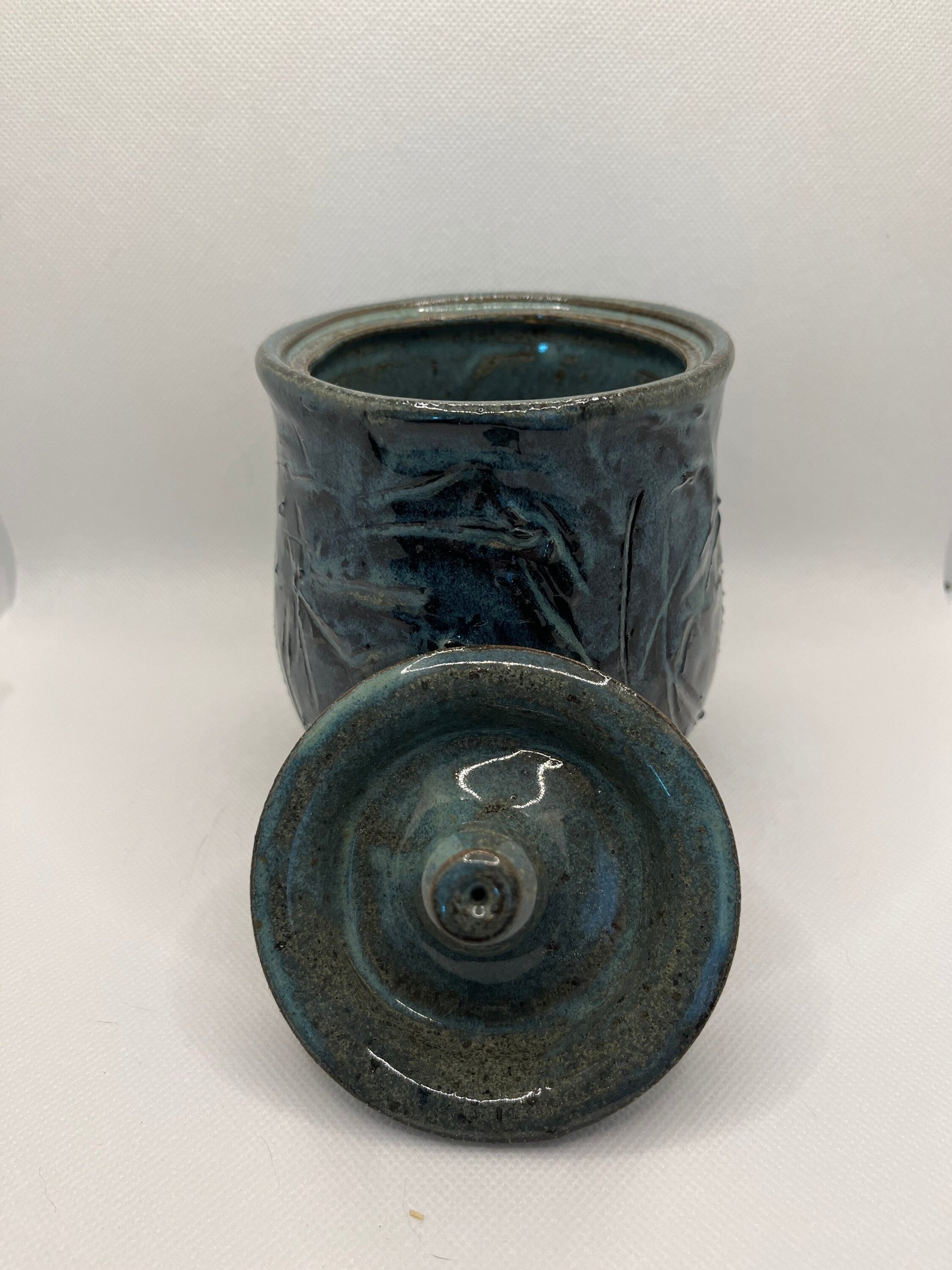 Handmade Blue Carved Ceramic Lidded Jar