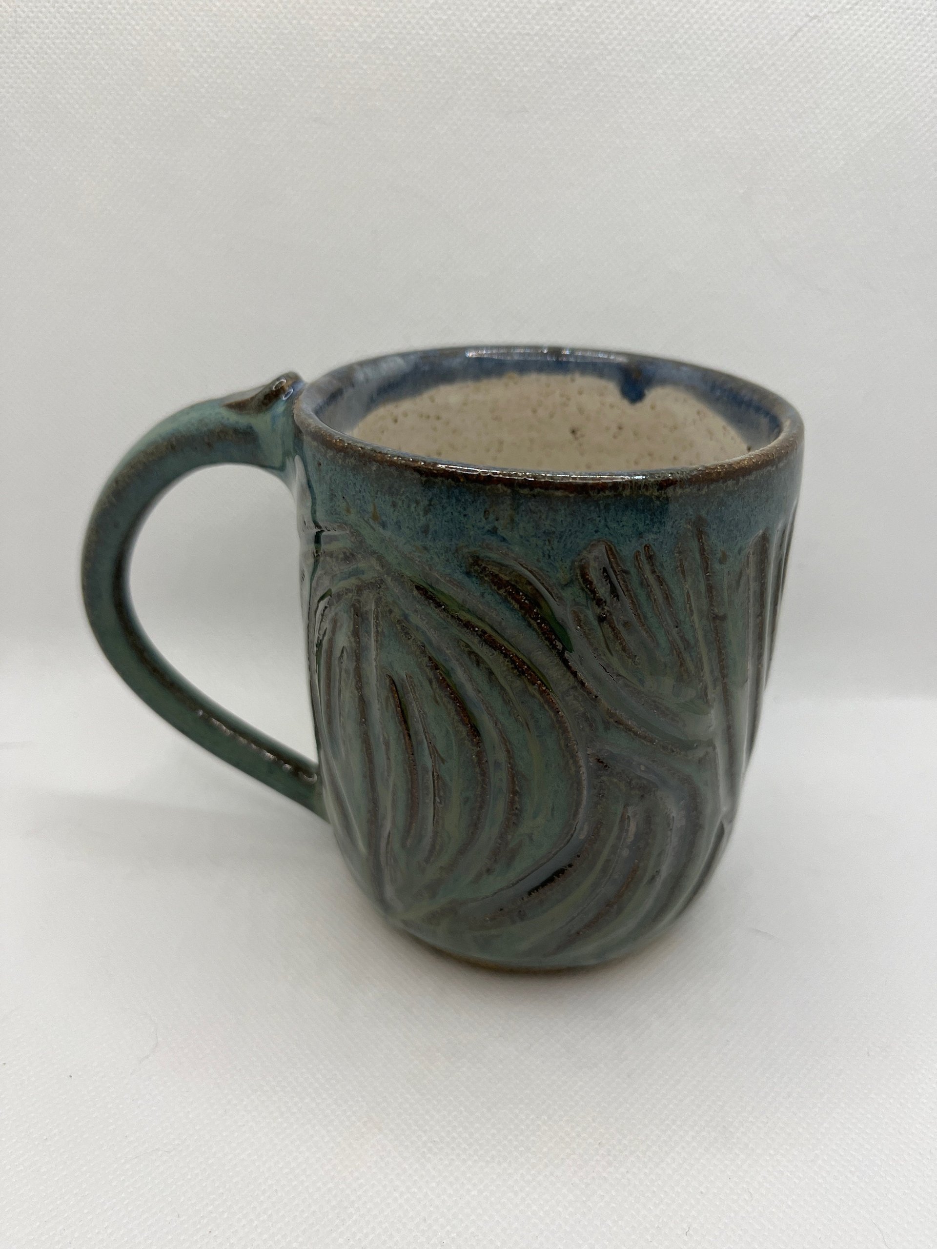 Handmade Ceramic Blue-Green Carved Mug