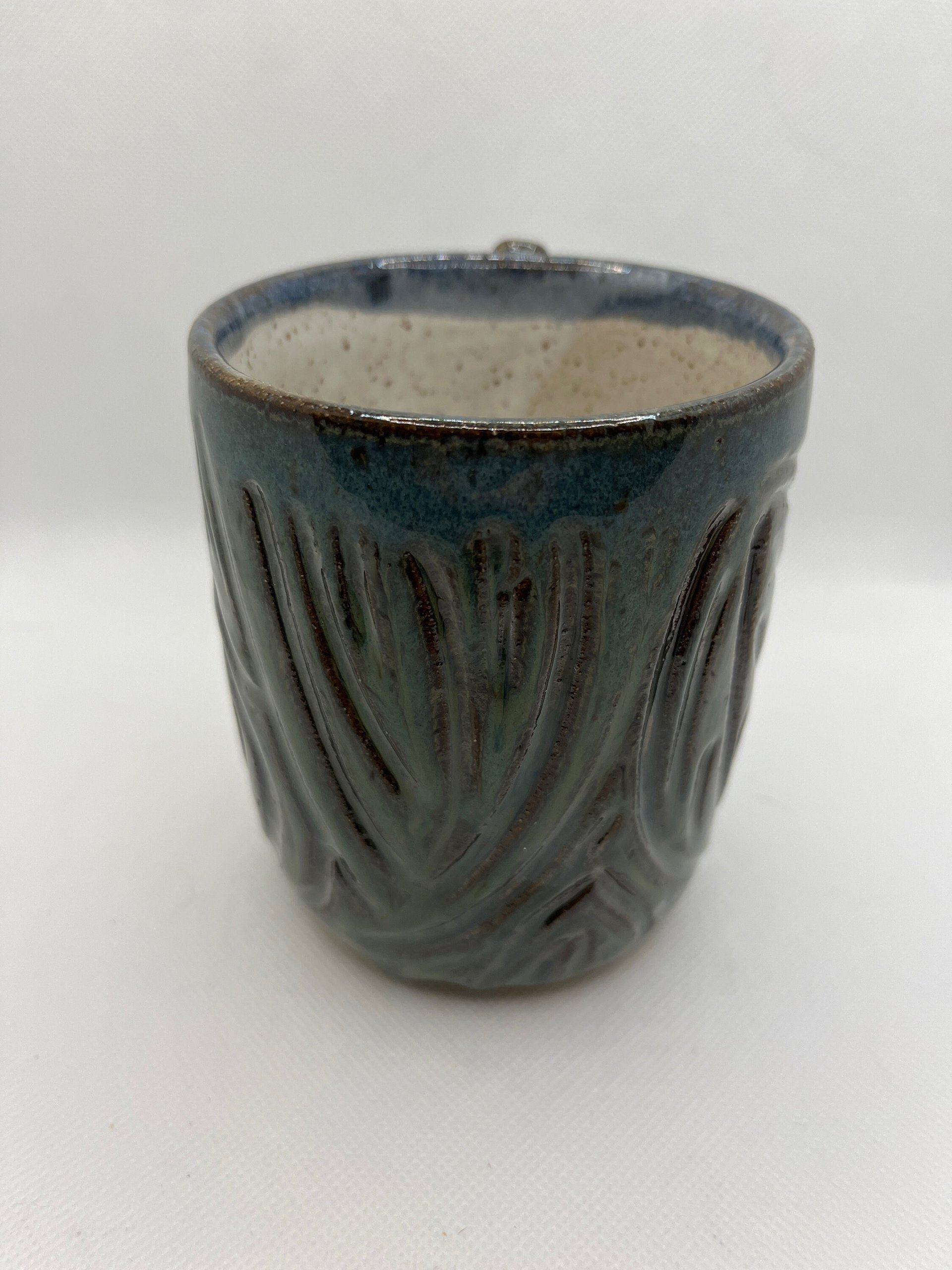 Handmade Ceramic Blue-Green Carved Mug