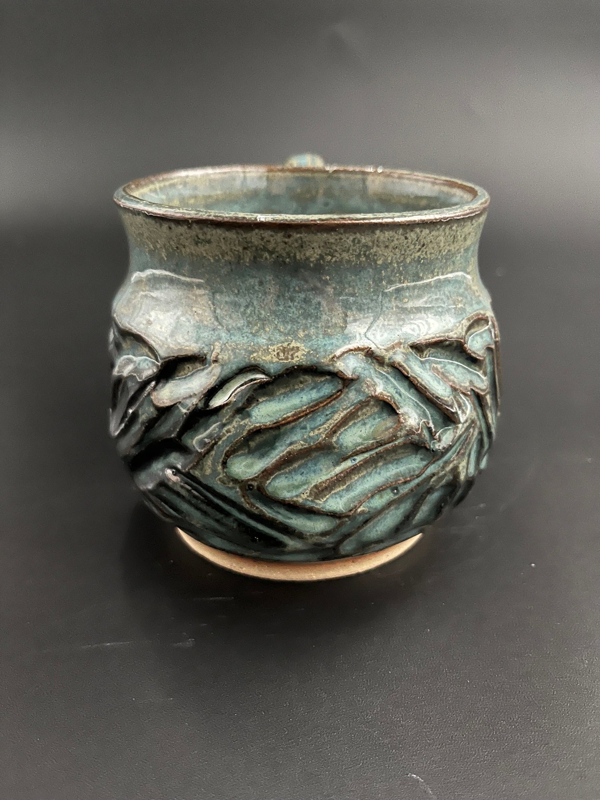 Handmade Carved Ceramic Blue and Green Mug