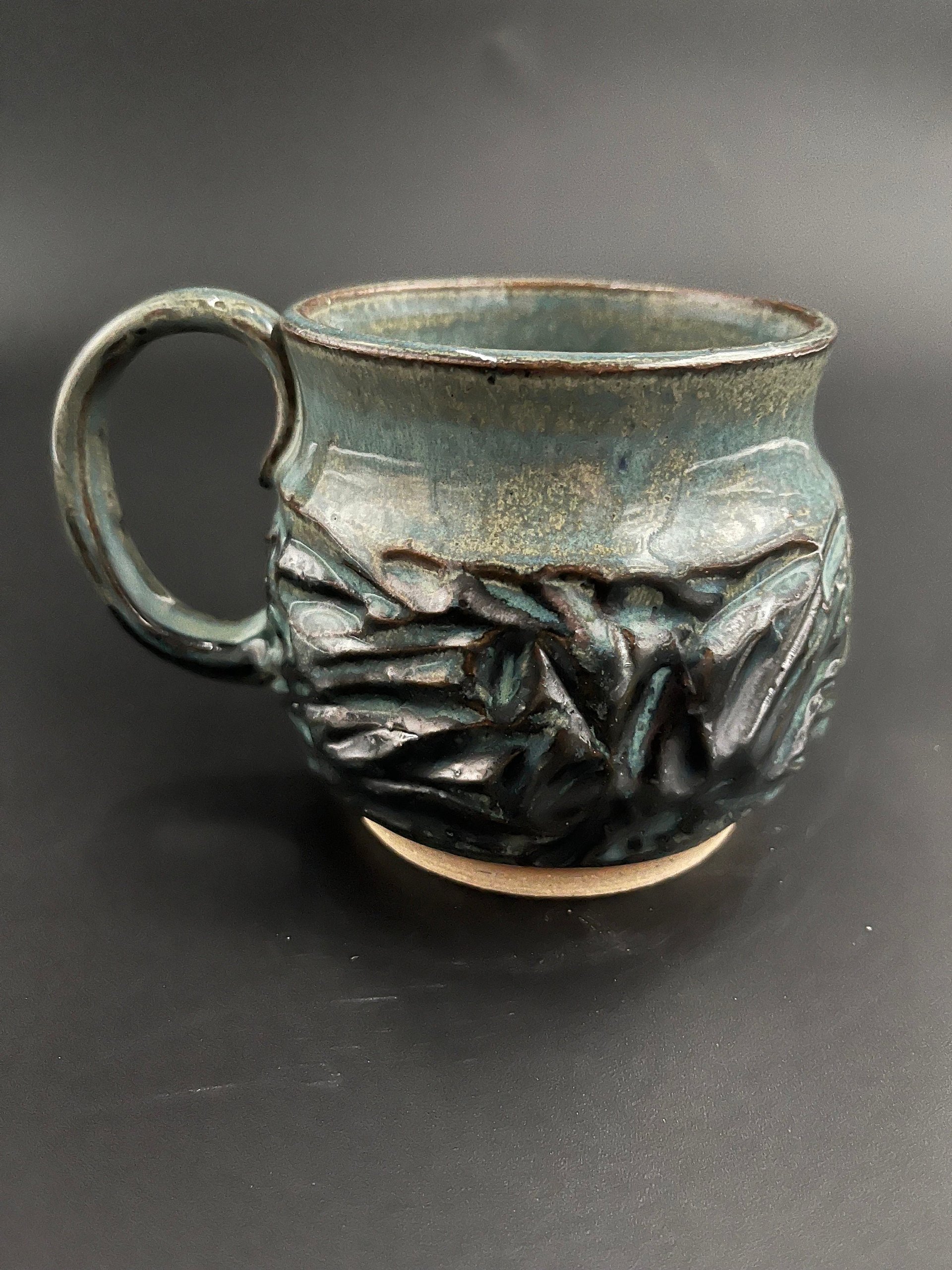 Handmade Carved Ceramic Blue and Green Mug