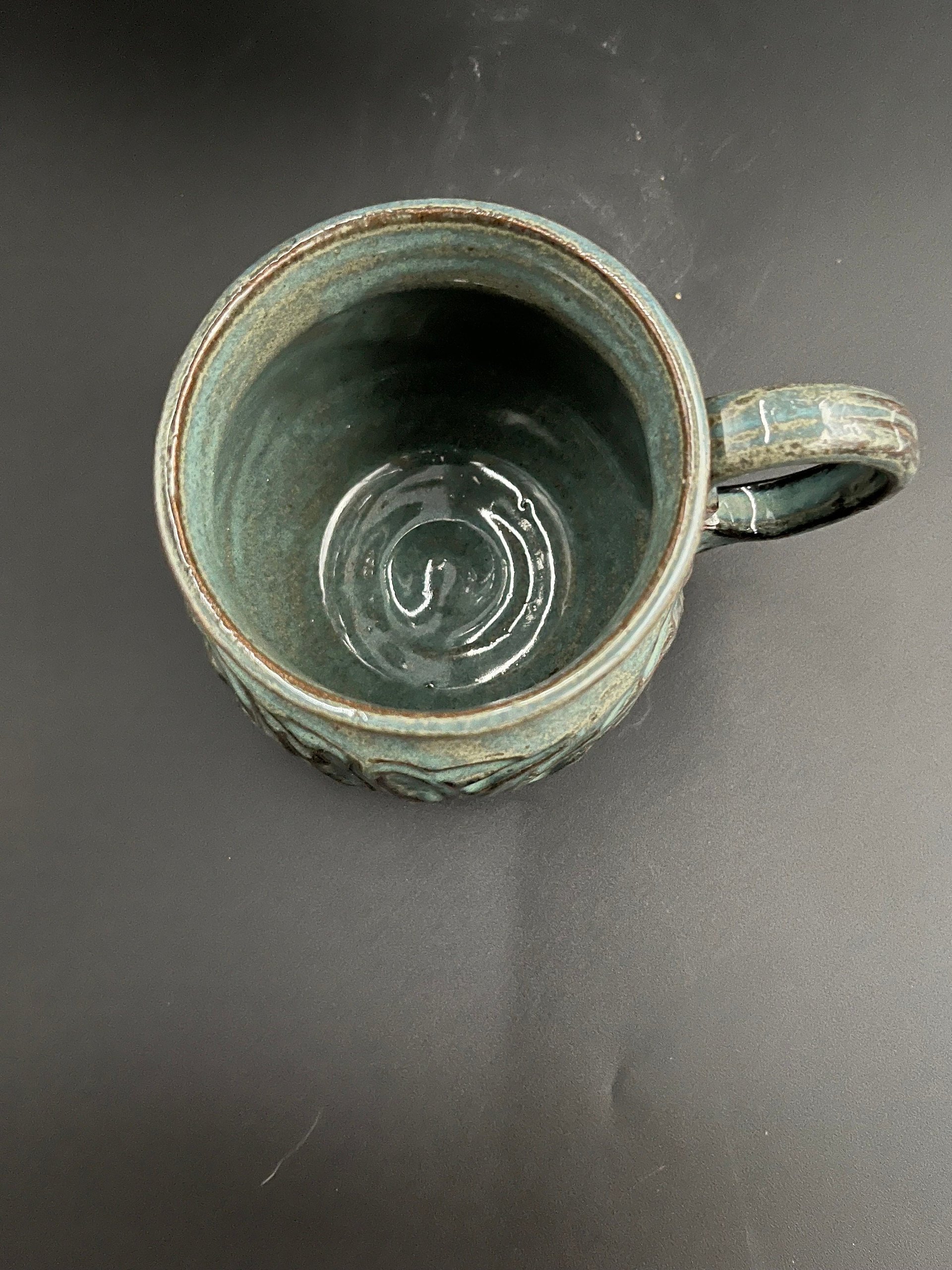 Handmade Carved Ceramic Blue and Green Mug