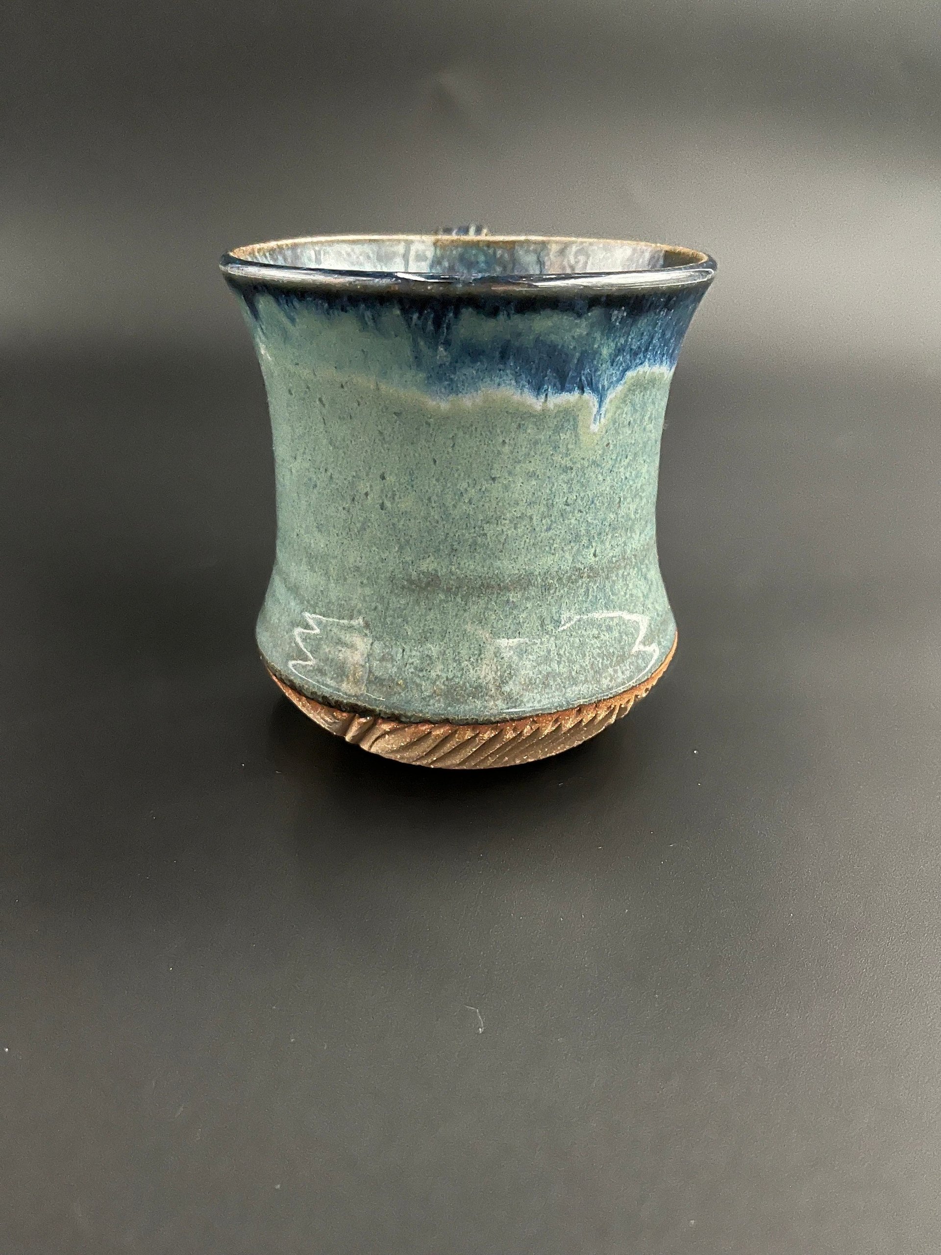 Handmade Carved Blue and Green Ceramic Tankard Mug