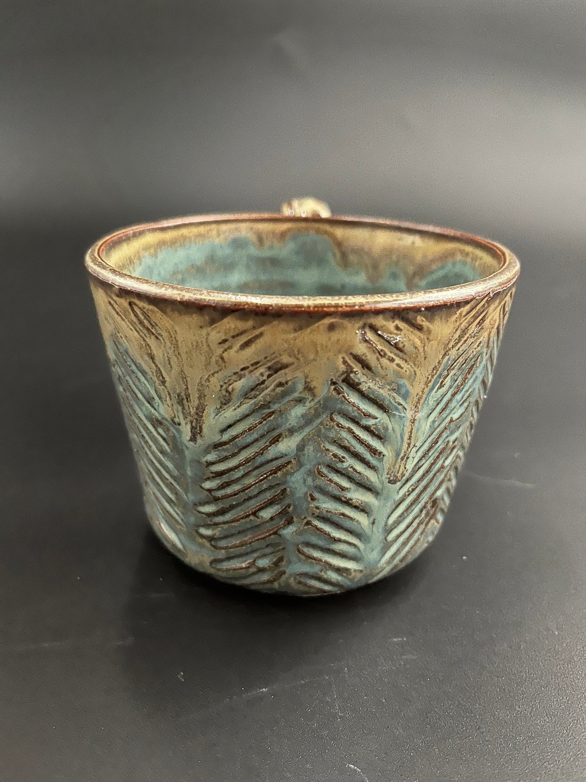 Handmade Herringbone Carved Blue and Honey Mug