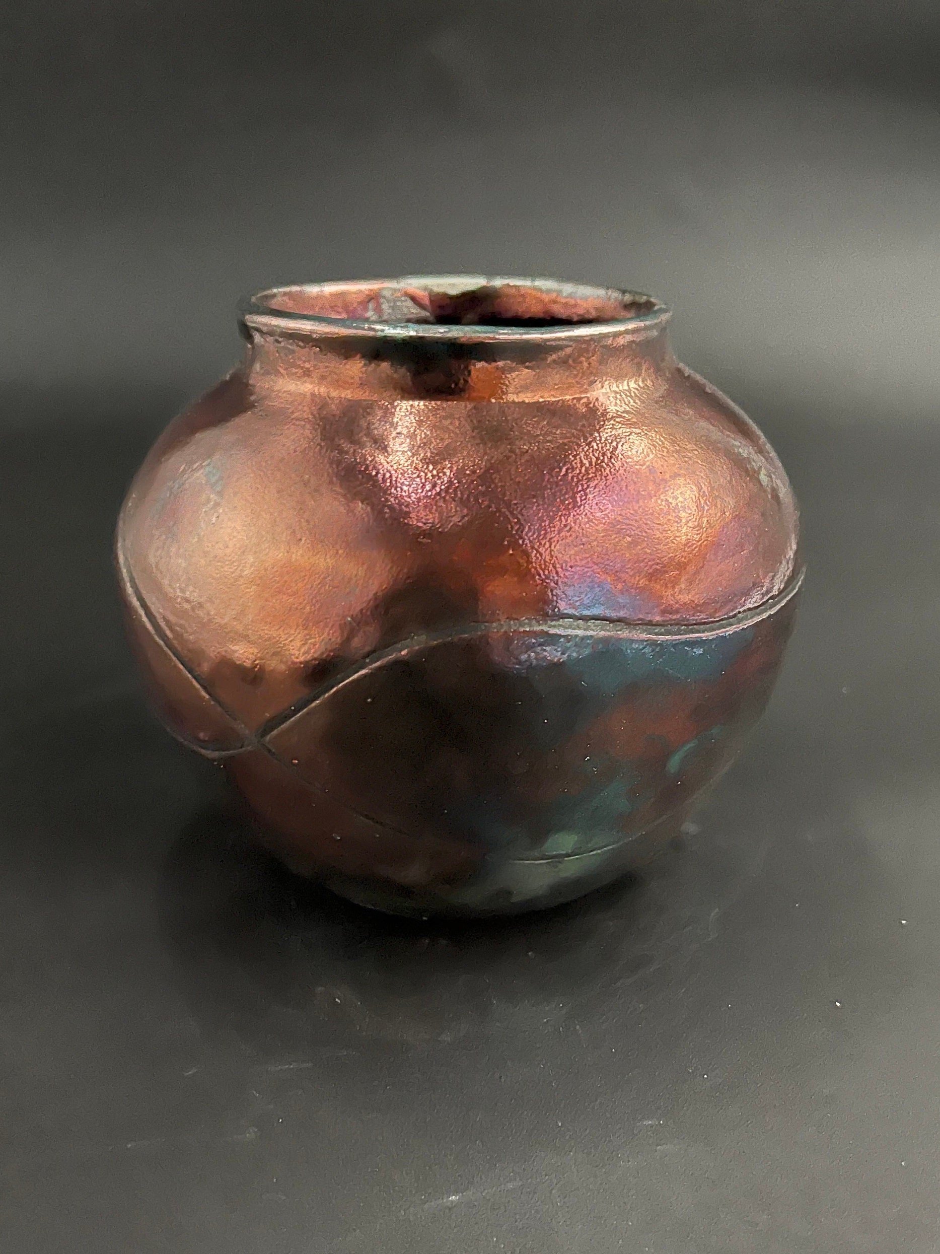 Handmade Iridescent Copper Ceramic Vase - Raku fired