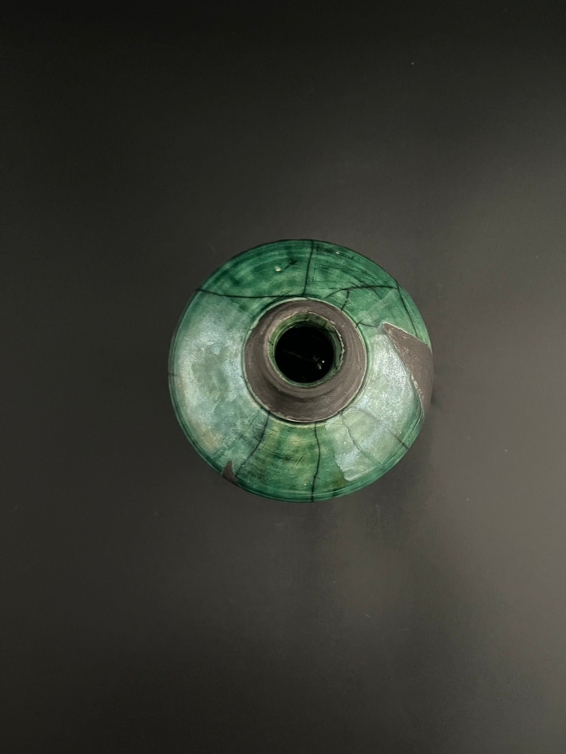Handmade Iridescent Green Ceramic Vase - Raku fired