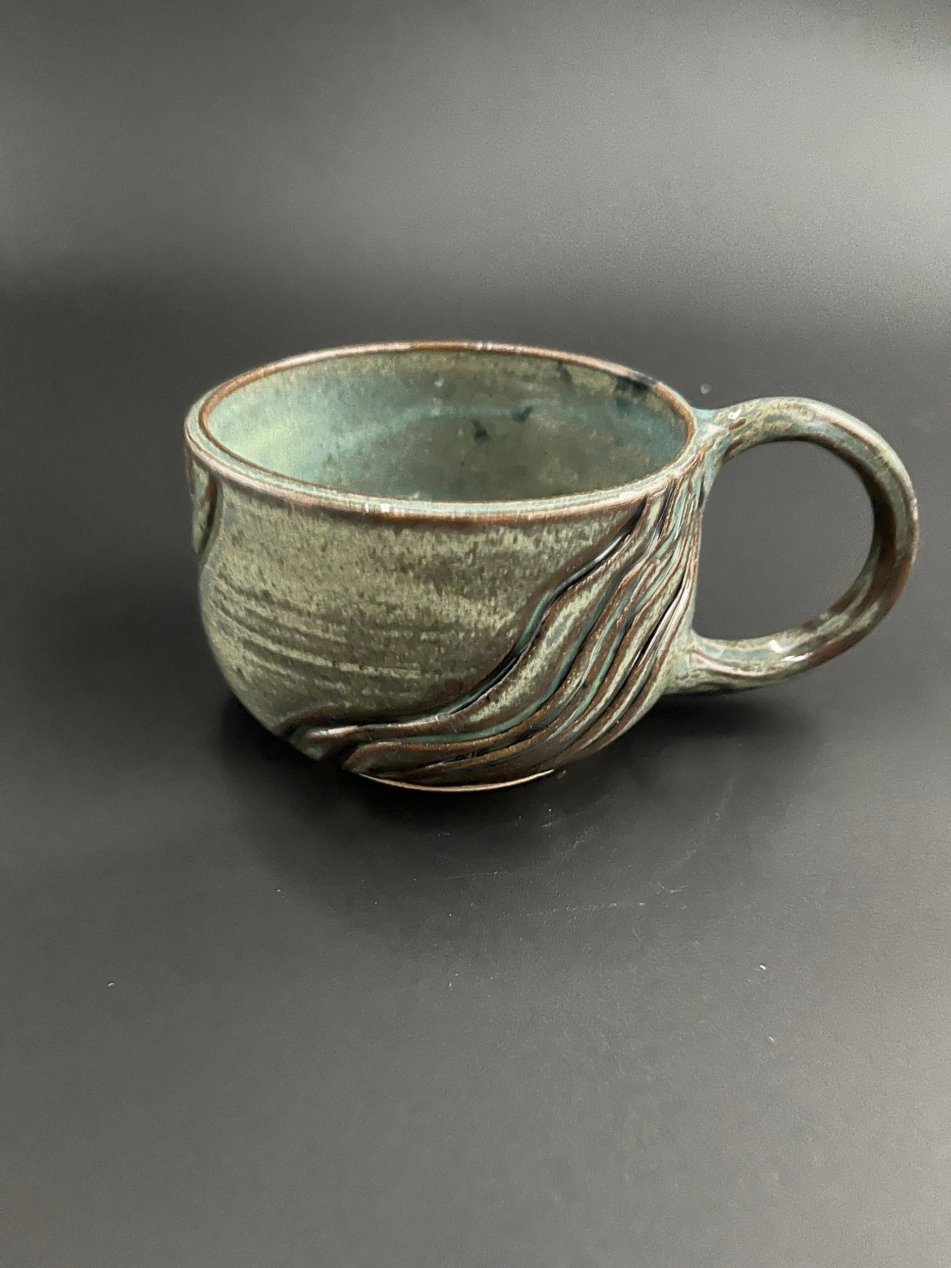 Handmade Carved Blue and Green Wavy Mug