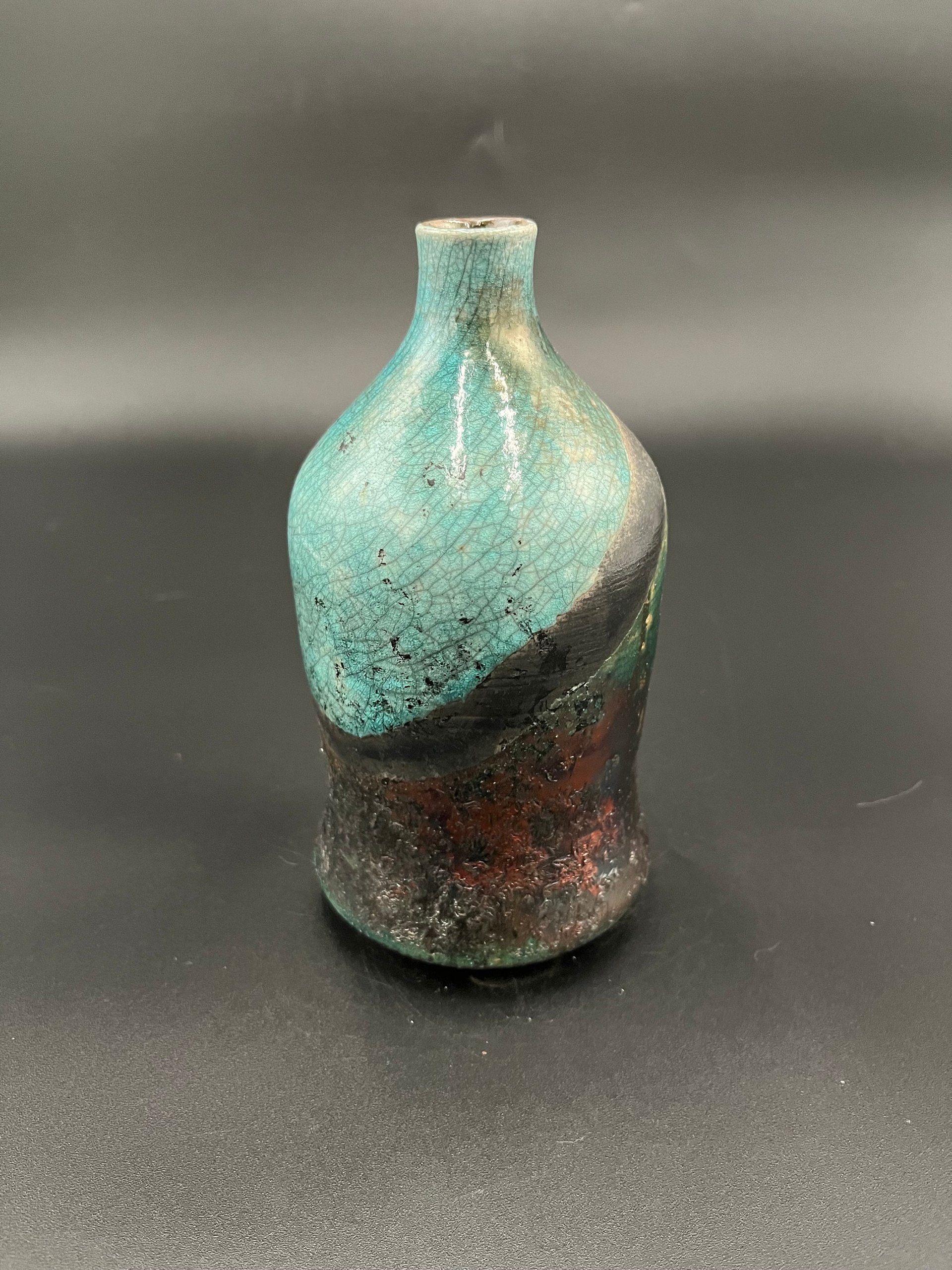 Handmade Green and Copper Crackle Ceramic vase - Raku fired