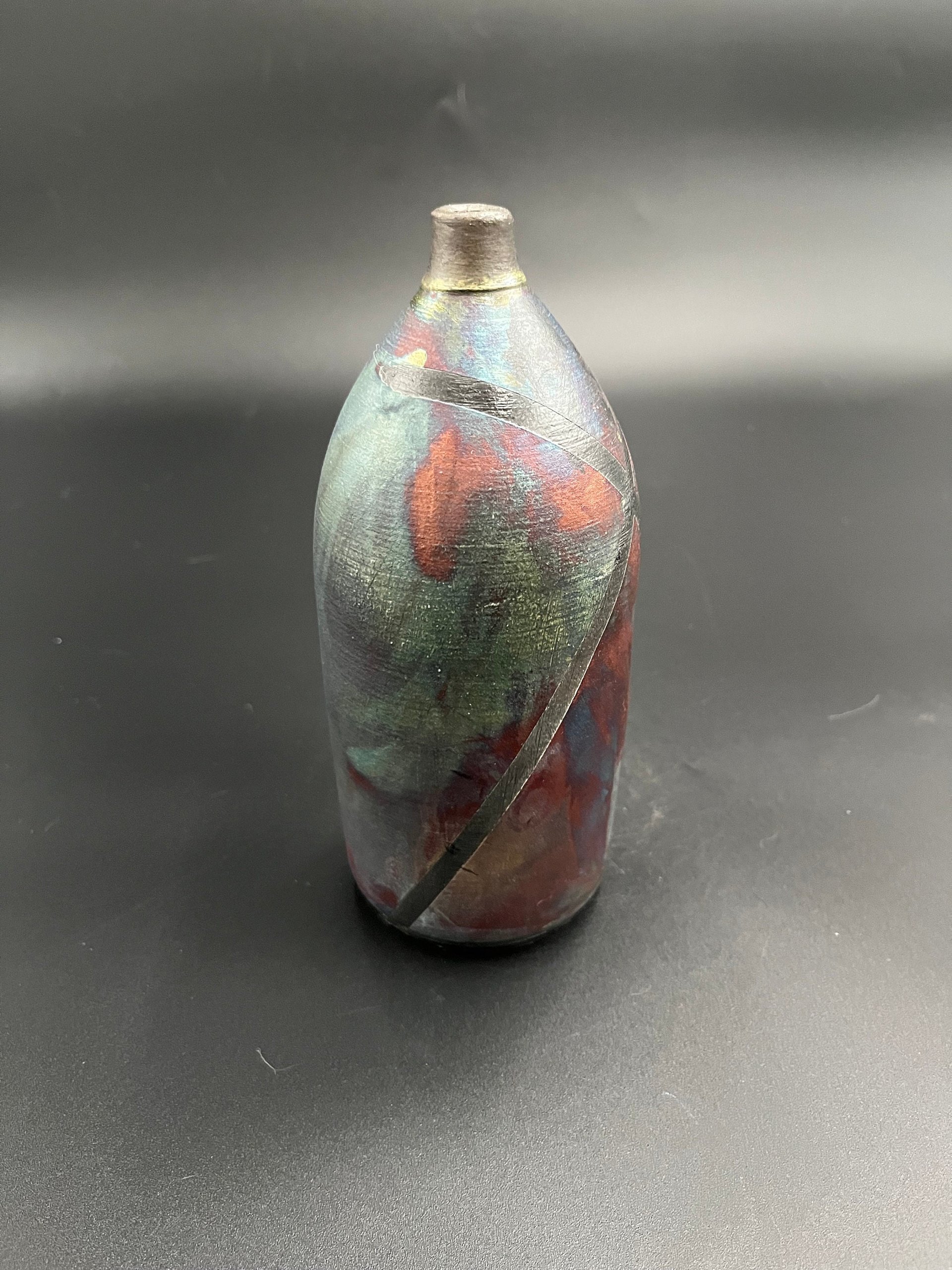 Handmade Irridescent Matte Bottle Vase - Raku fired