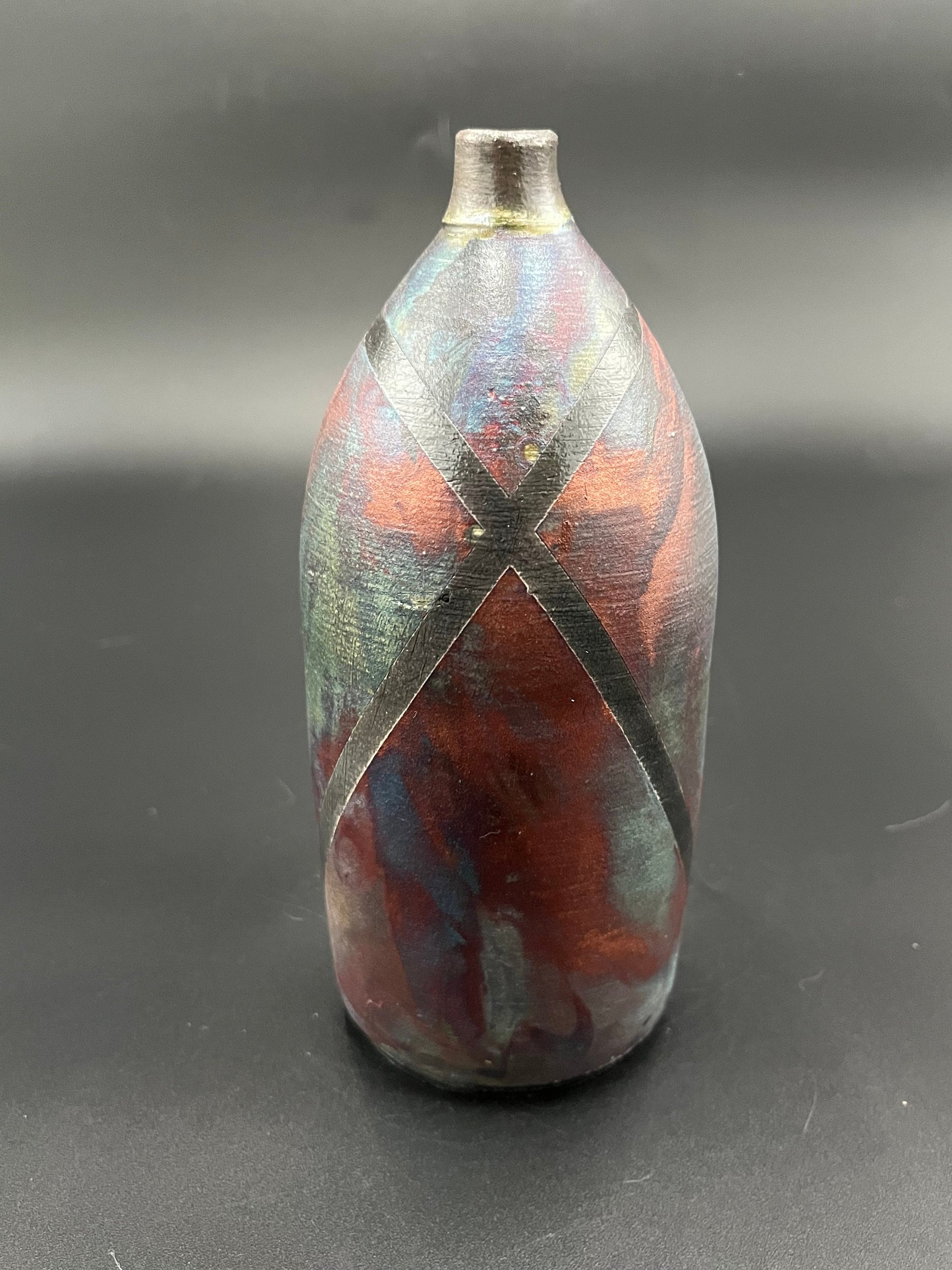 Handmade Irridescent Matte Bottle Vase - Raku fired