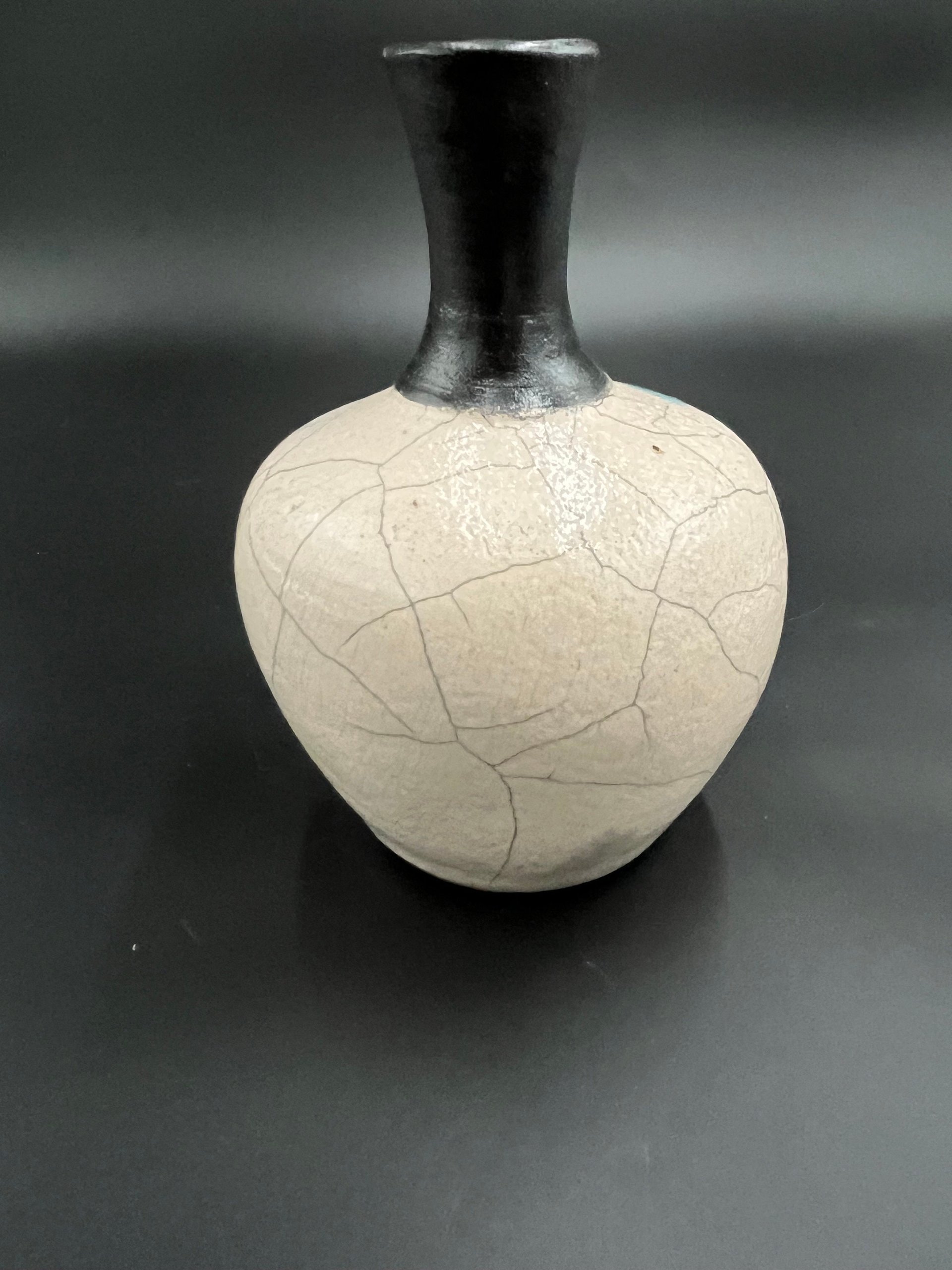Blue and White Crackle Ceramic Bottle vase - Raku fired