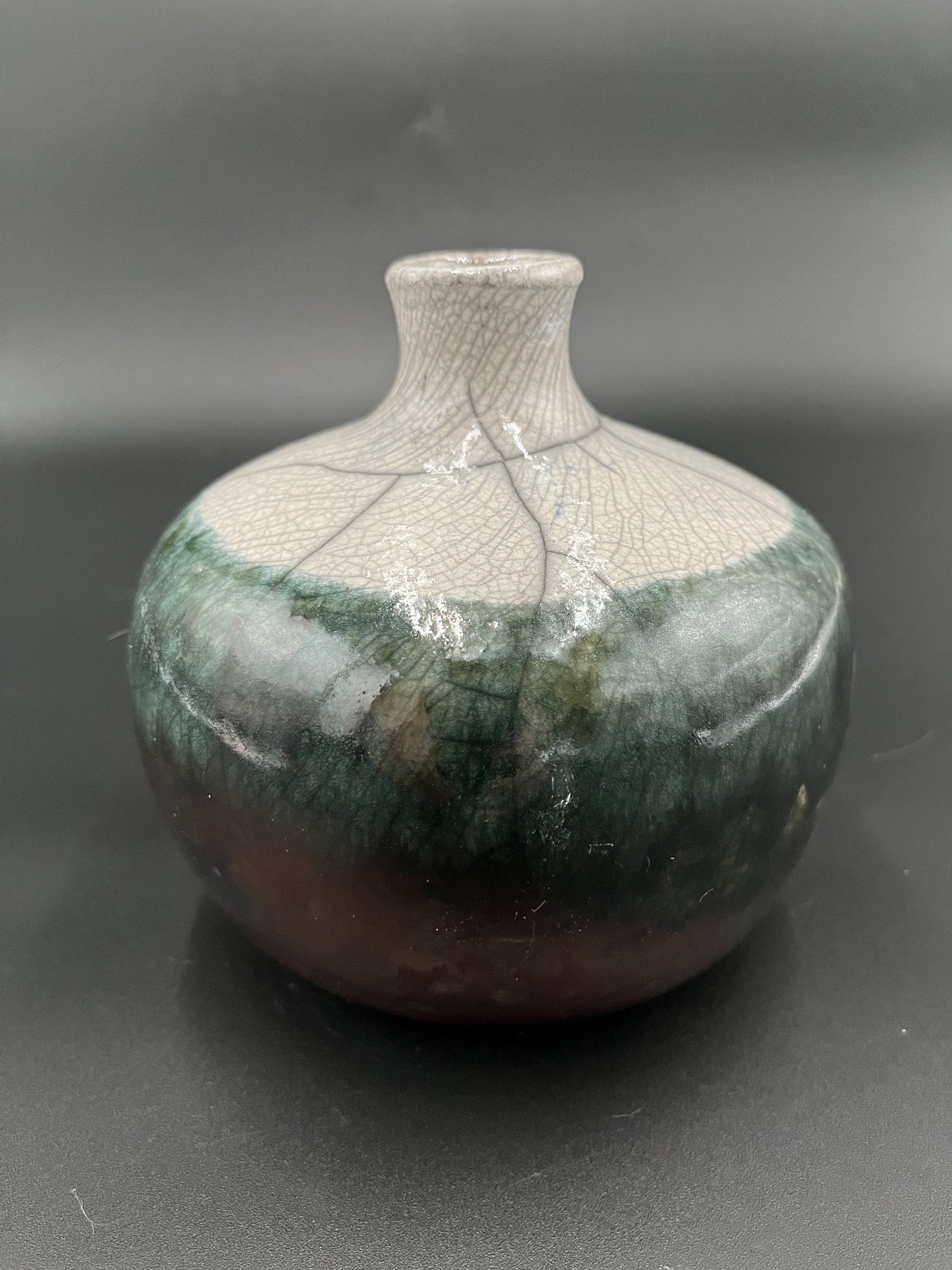 Copper, Green, and White Crackle Ceramic Bottle Vase - Raku fired