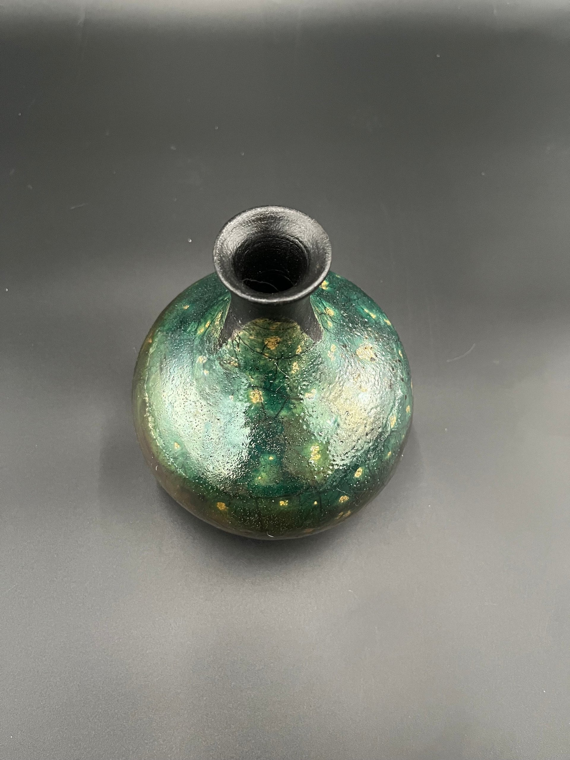 Irridescent Green Ceramic Bottle Vase - Raku fired