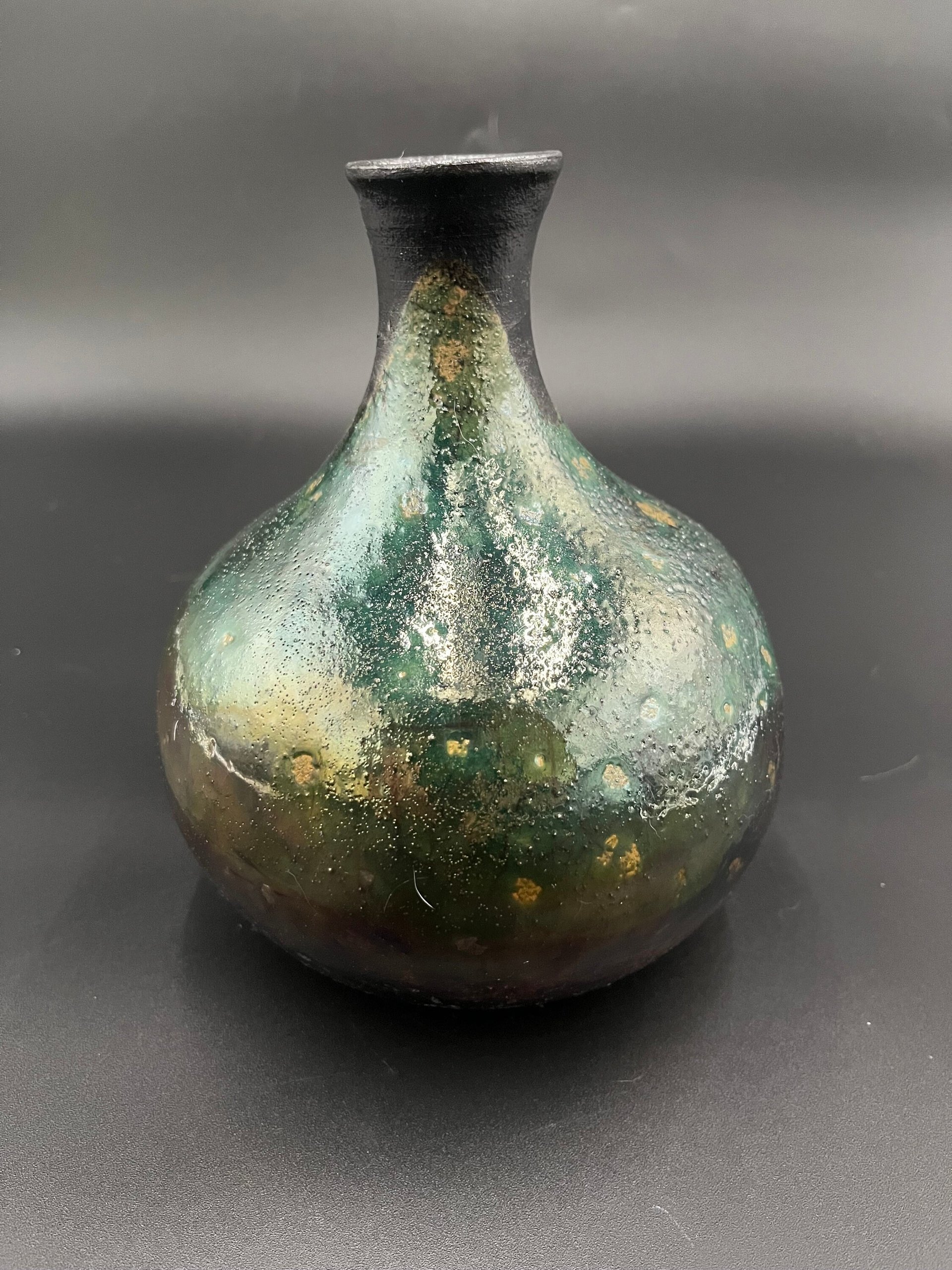 Irridescent Green Ceramic Bottle Vase - Raku fired