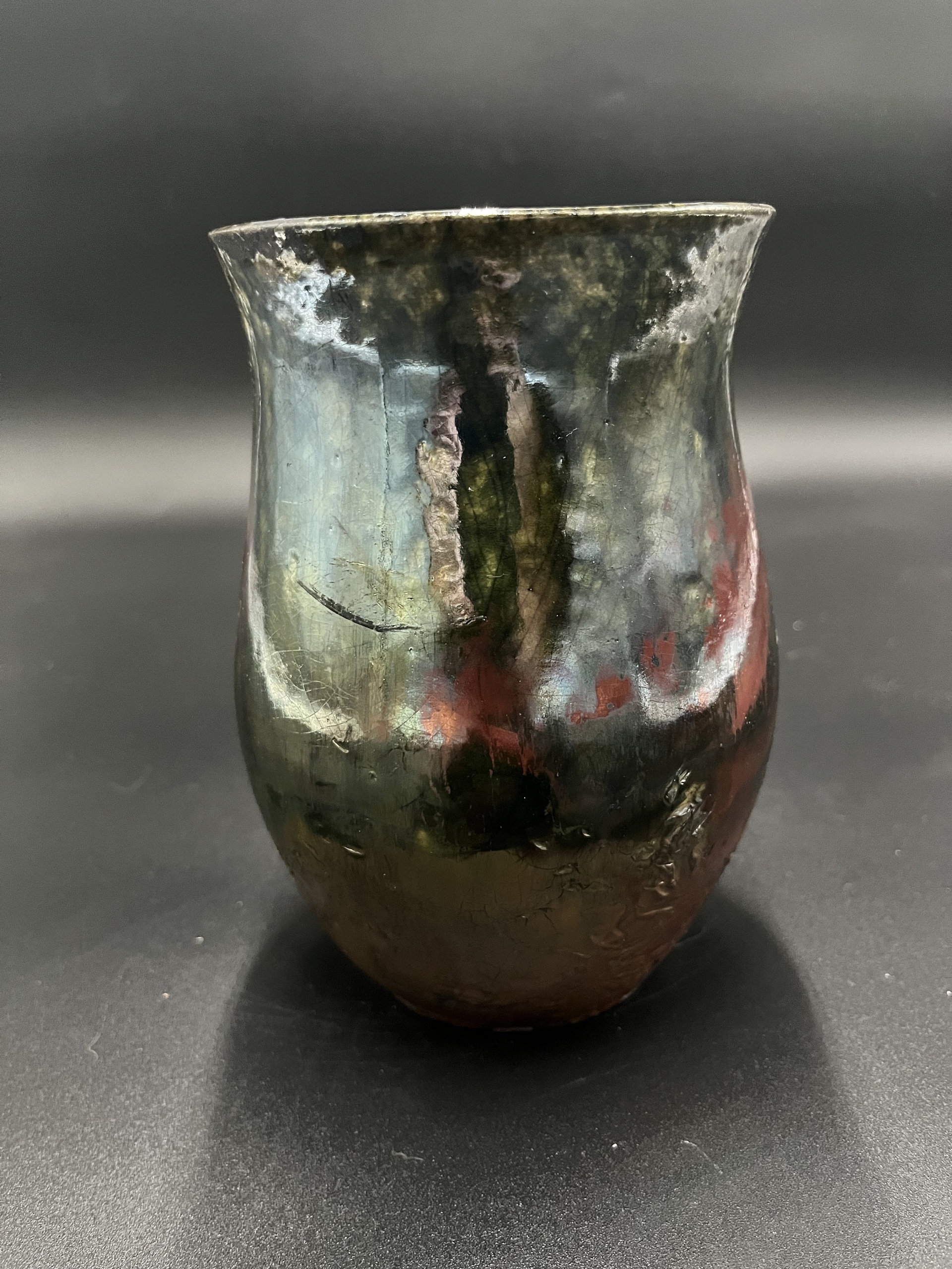Handmade Iridescent Green and Copper Ceramic Vase - Raku fired