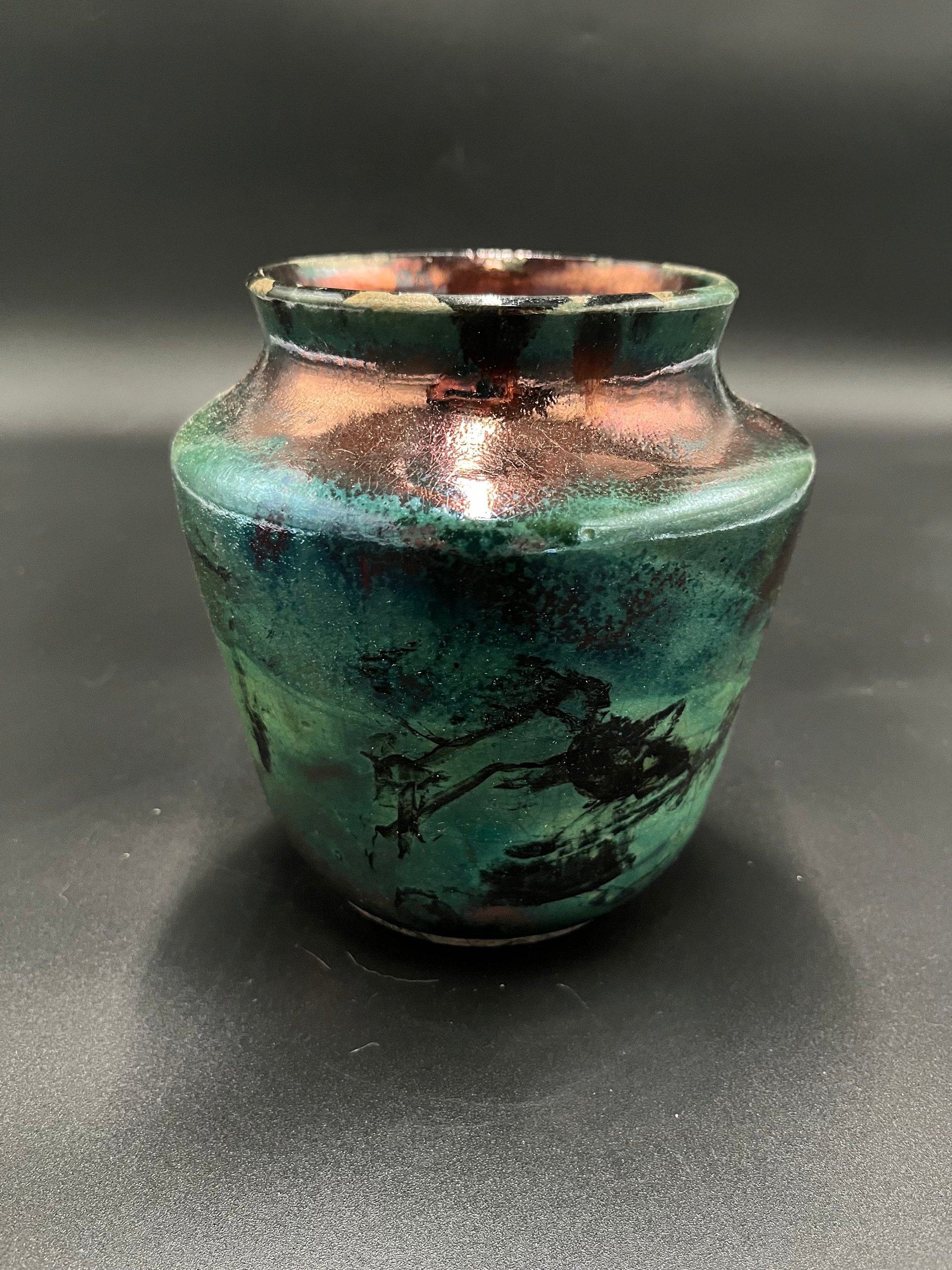 Handmade Green and Copper Irridescent Ceramic vase - Raku fired