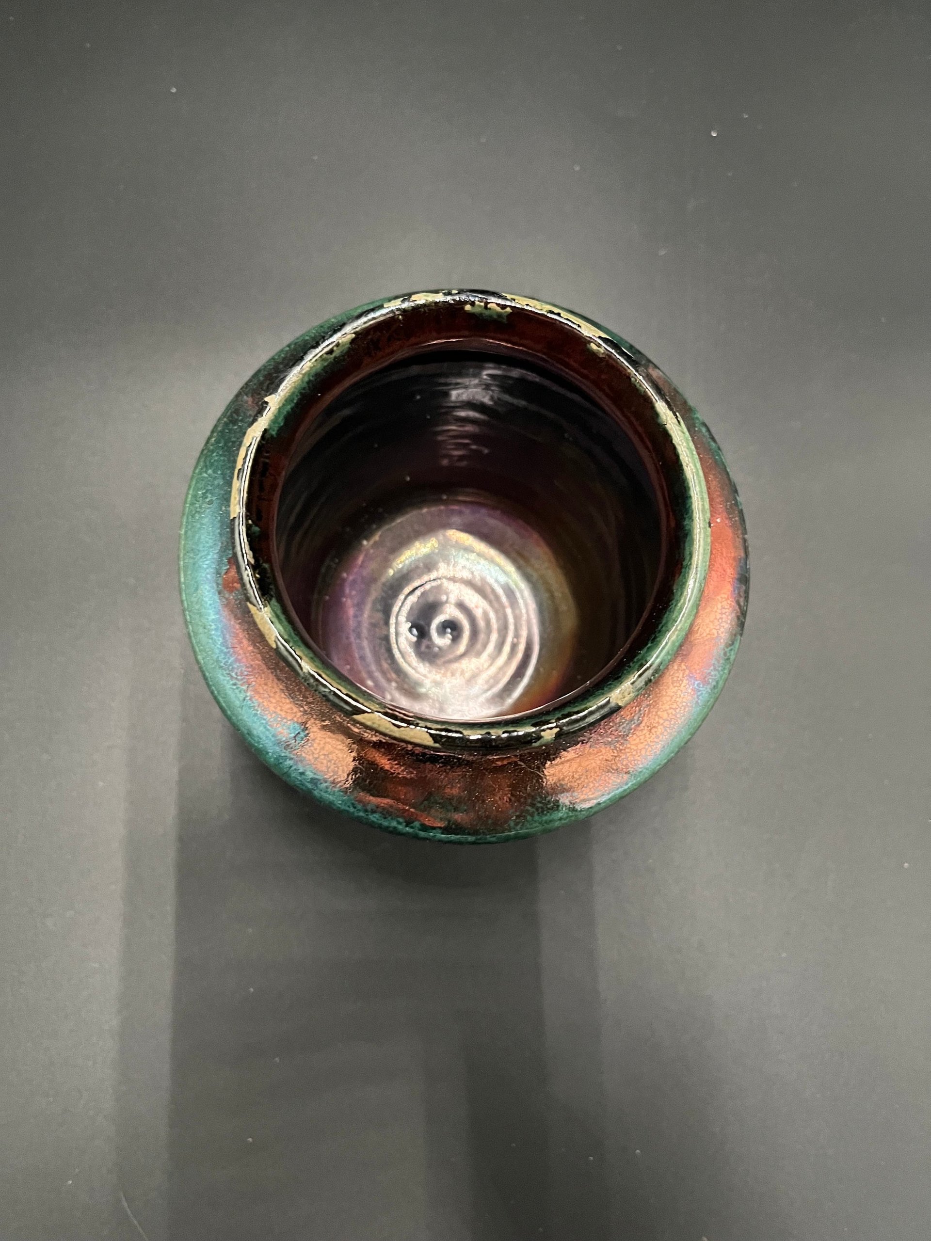 Handmade Green and Copper Irridescent Ceramic vase - Raku fired