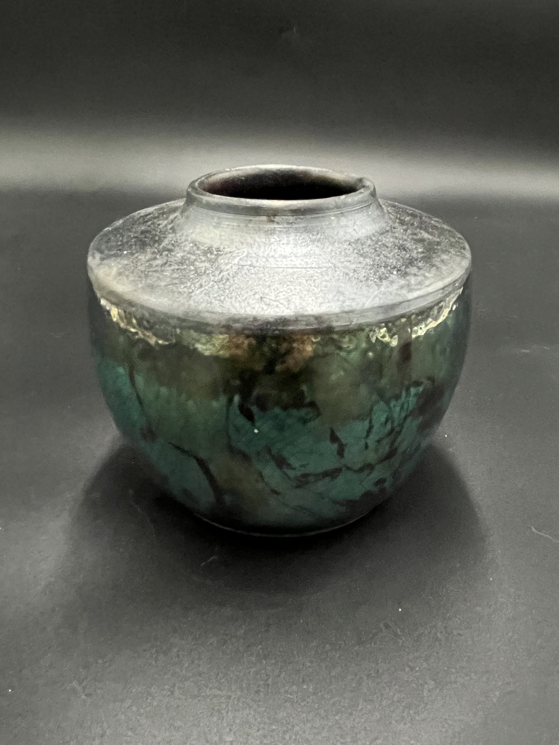 Handmade Green and Copper Irridescent Ceramic vase - Raku fired