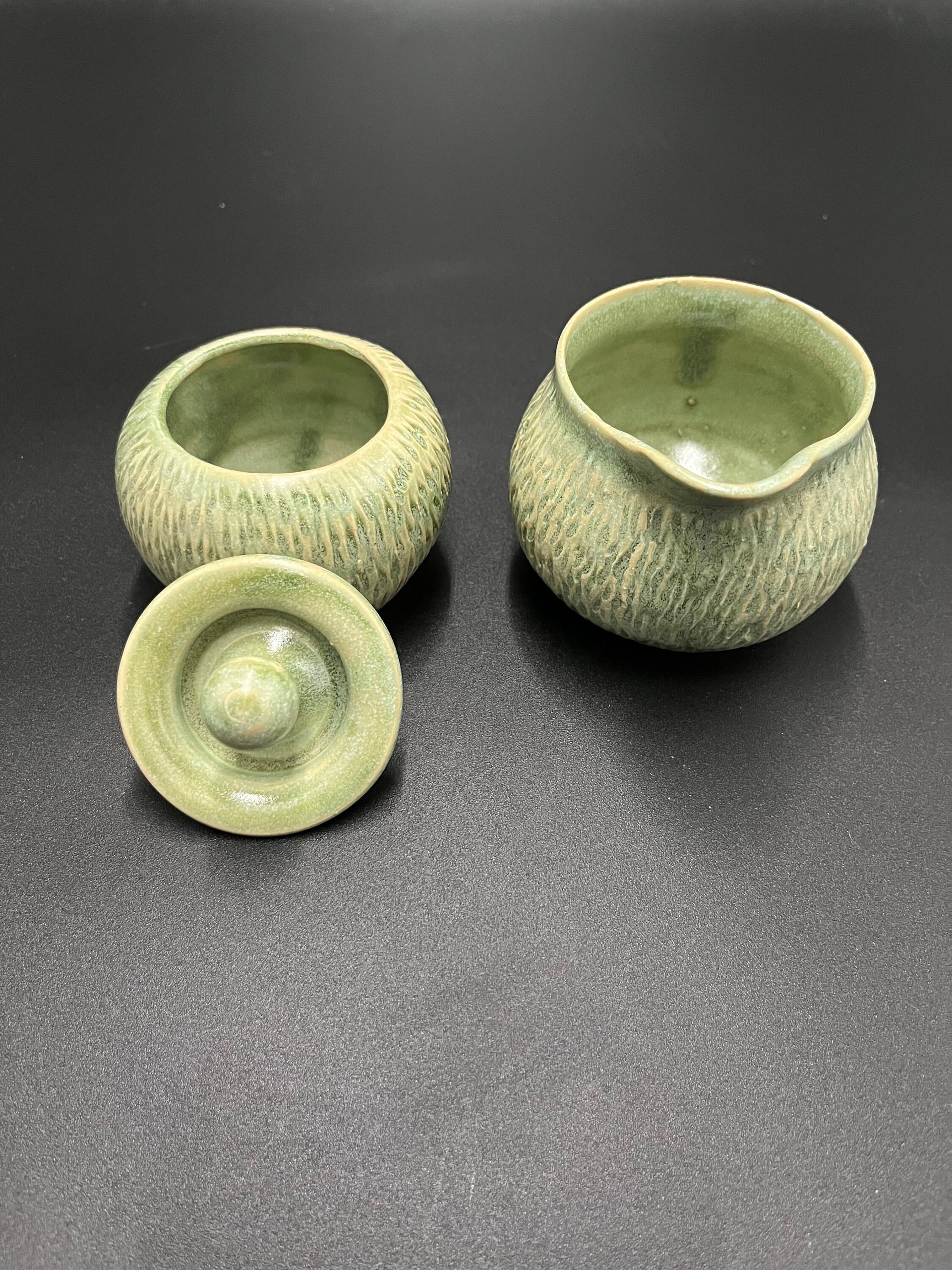 Handmade Carved Green Ceramic Cream and Sugar Set