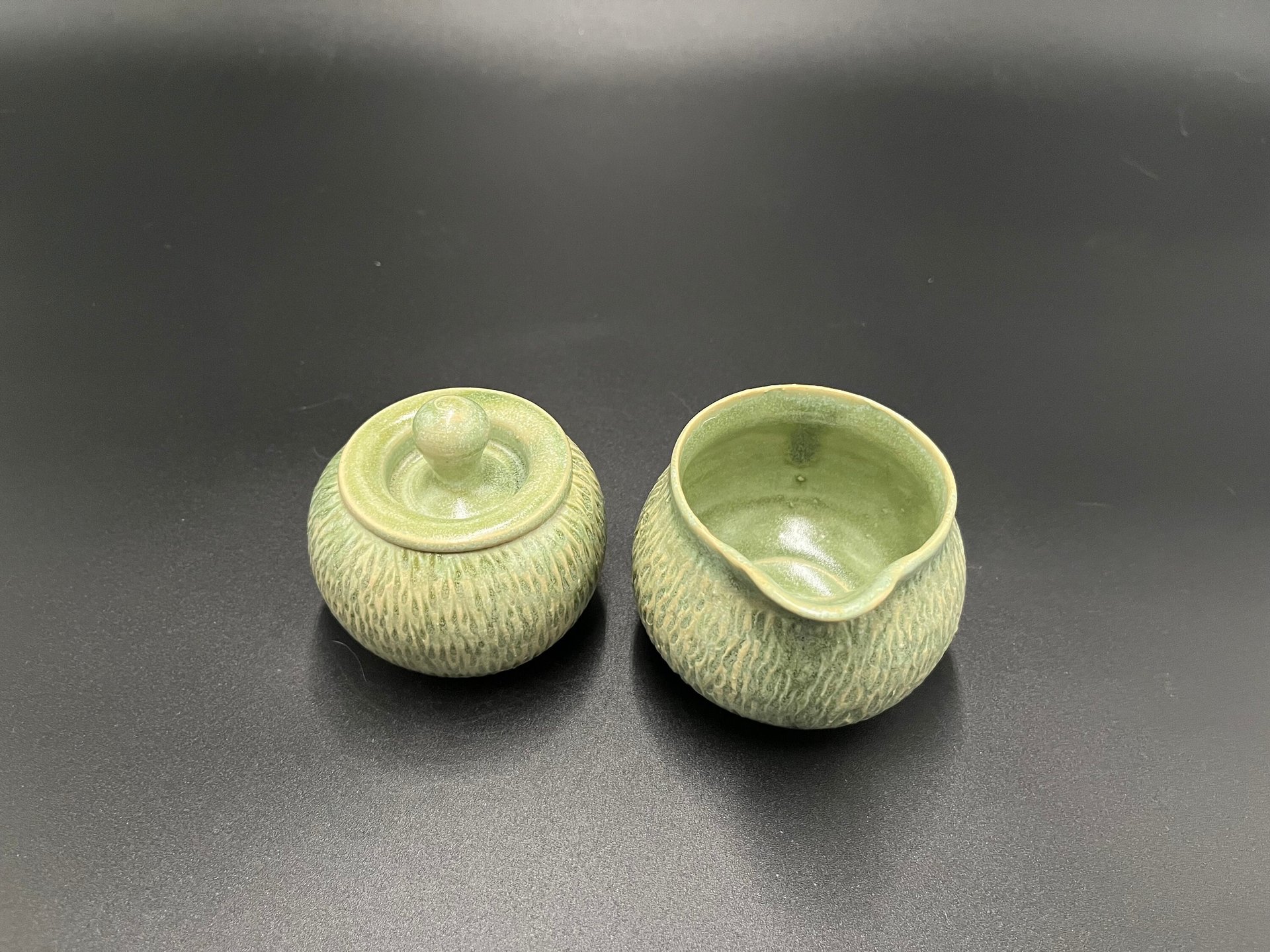 Handmade Carved Green Ceramic Cream and Sugar Set