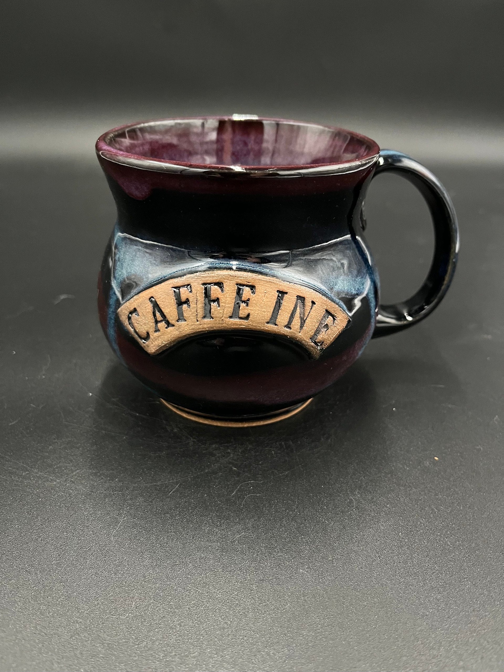 Large Handmade Black, Green, and Purple Ceramic Caffeine Mug
