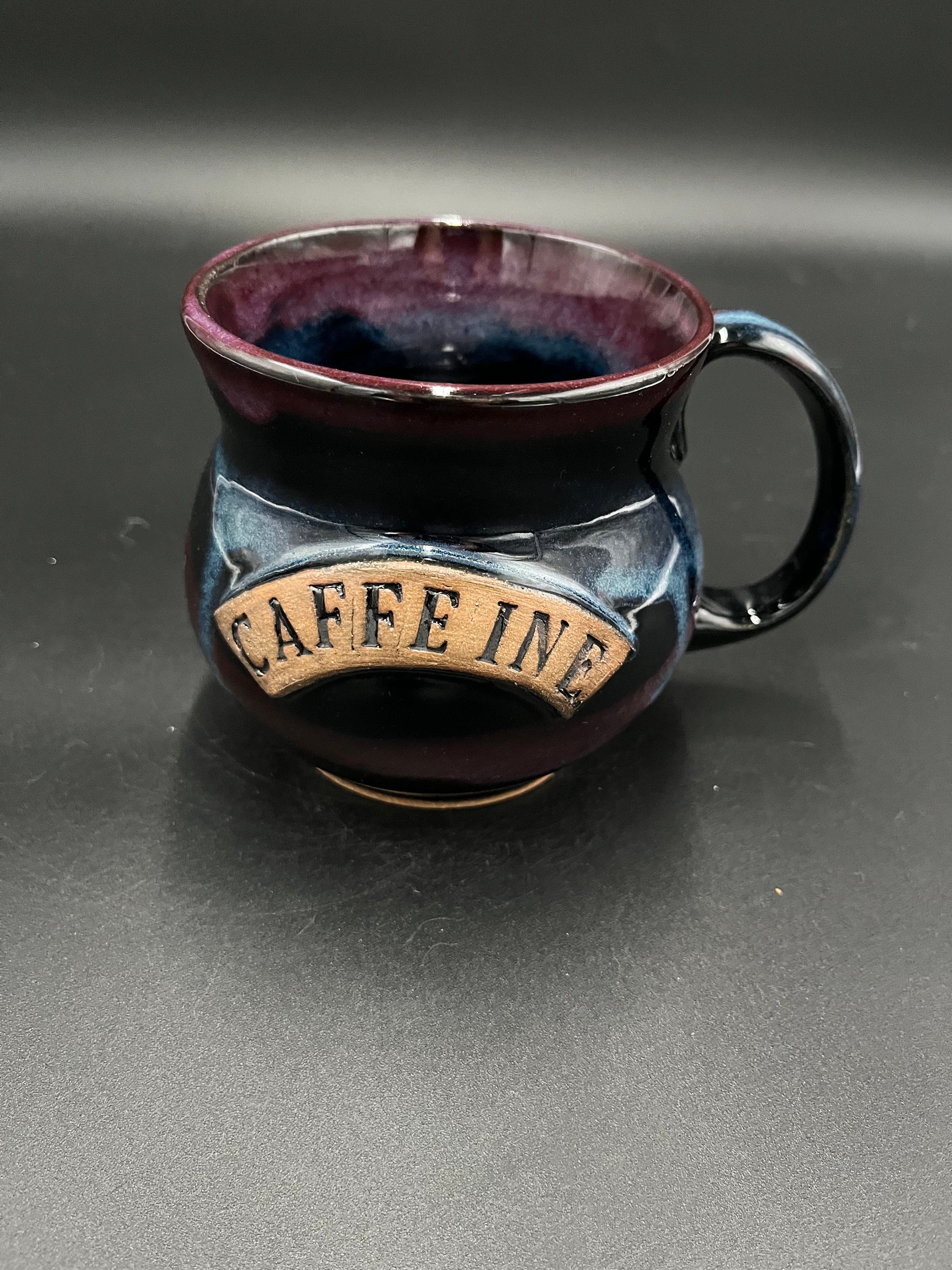 Large Handmade Black, Green, and Purple Ceramic Caffeine Mug